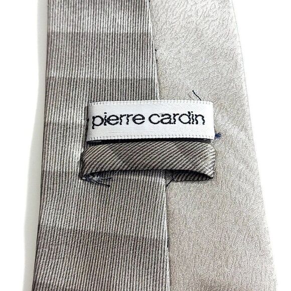 Pierre Cardin Abstract Tan Silver Print Short Wide Silk Tie - Picture 4 of 7